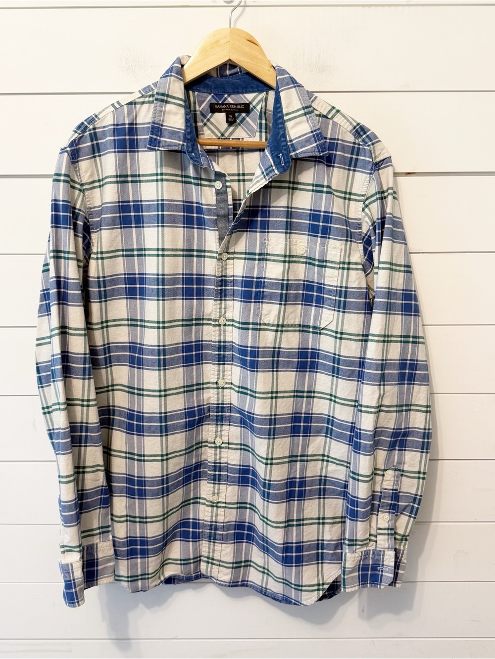 Banana Republic Slim Fit Cotton Plaid Oxford Shirt Blue Green Size XL
